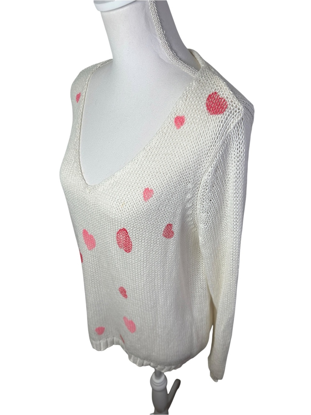 Wooden Ships Paula Buendia Ivory Pink Heart Knit V-Neck Sweater S/M Cozy Oversiz - Picture 4 of 9